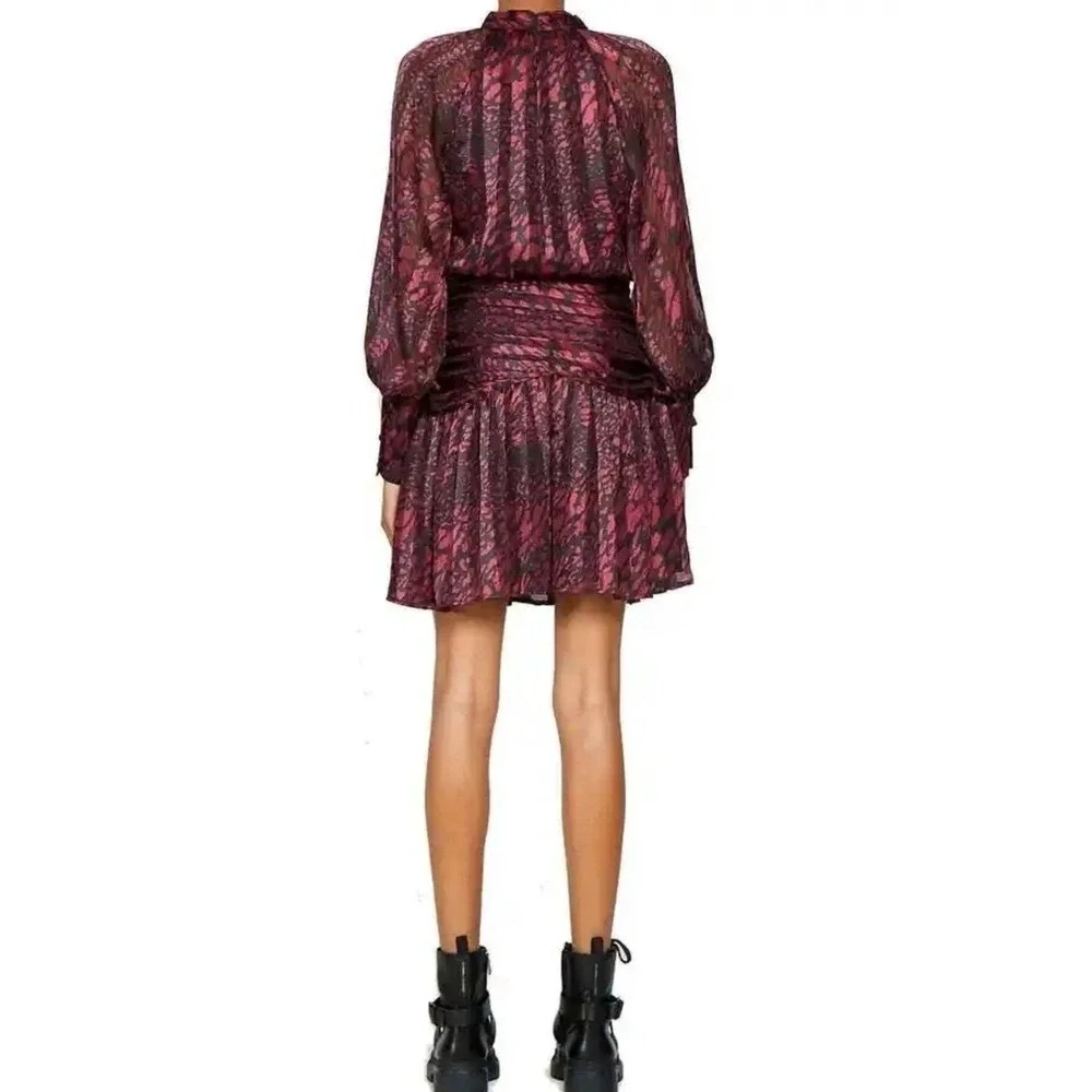 Walter Baker Burgundy Black Animal Print Tie Neck Smocked Mini Dress W71211 Sz 2